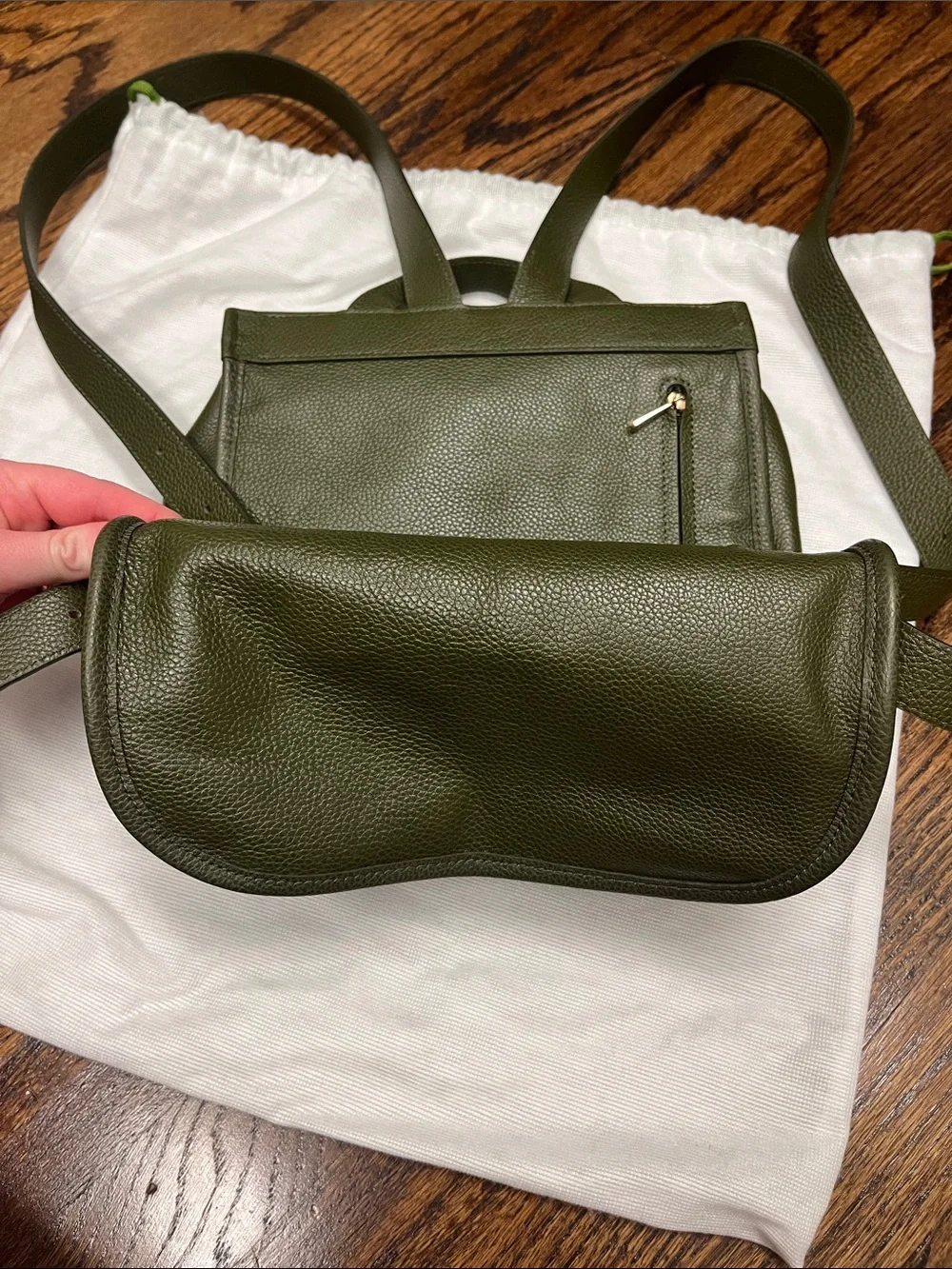 Longchamp Olive Green Pebbled Leather Backpack